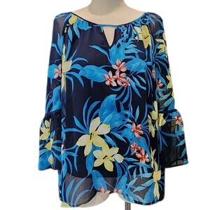 Alyx Blue and Yellow Floral Blouse with Bell Sleeves